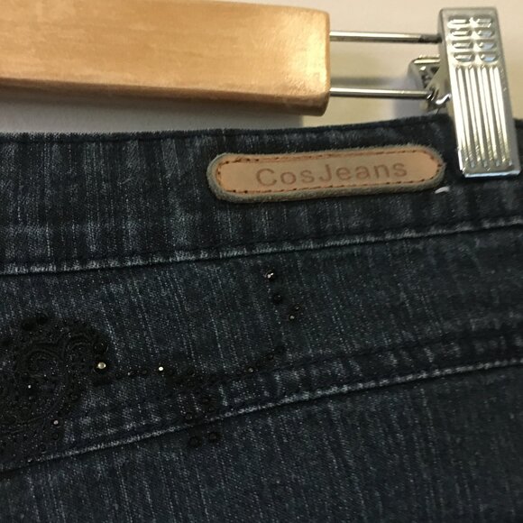 Cos Jeans Dark Navy Blue Ramie Cuffed Capri With Black Rhinestones Stamp - Picture 6 of 14